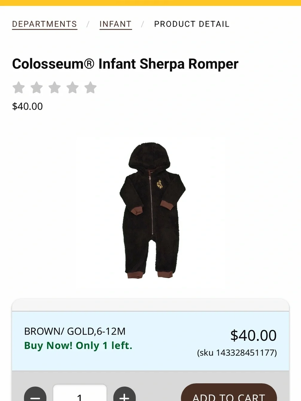 Colosseum Brown Fleece WYOMING  Bucking Horse Infant One-Piece w/Hood 12-18 mo Q